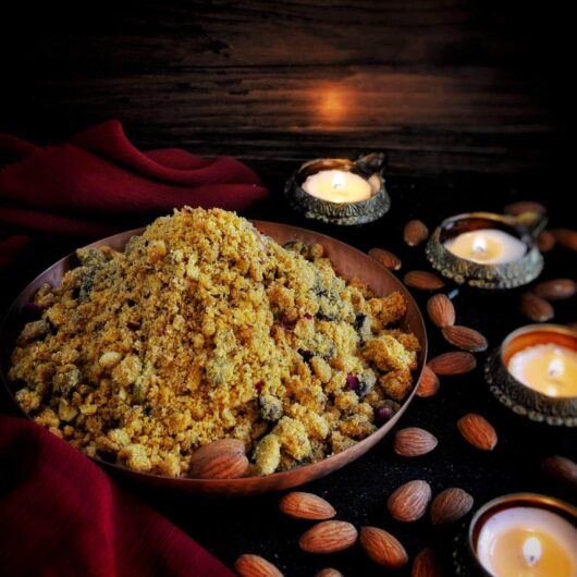 Panjiri is roasted gram flour with butter, sugar, cardamom, nuts, and dried fruits. It's perfect to keep you warm this winter.